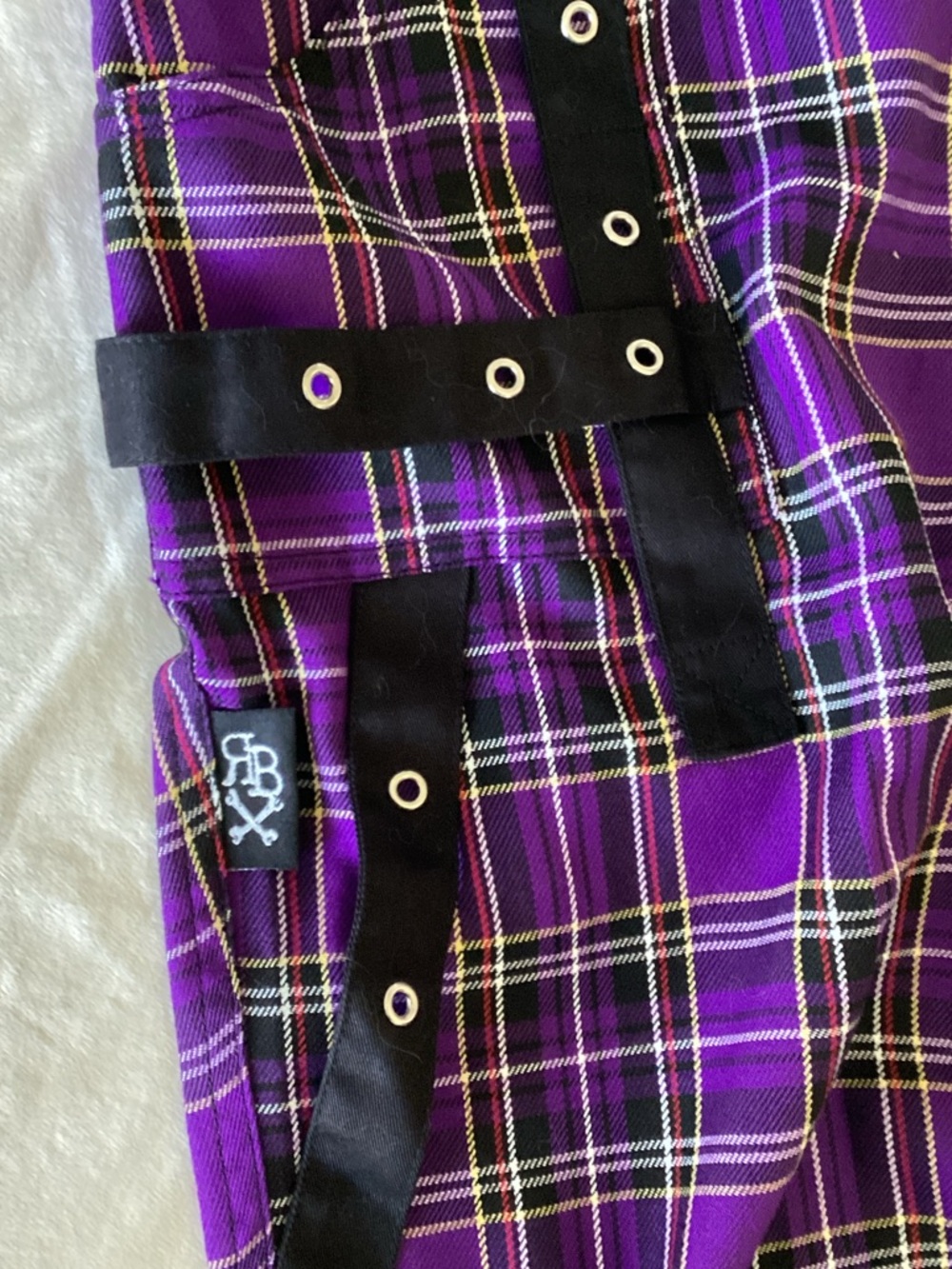 Hot Topic Purple Plaid Straight Leg Pants with Black Strap Details - Picture 2 of 4